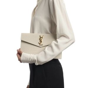SAINT LAURENT YSL Crocodile Embossed Calfskin Uptown Monogram Clutch